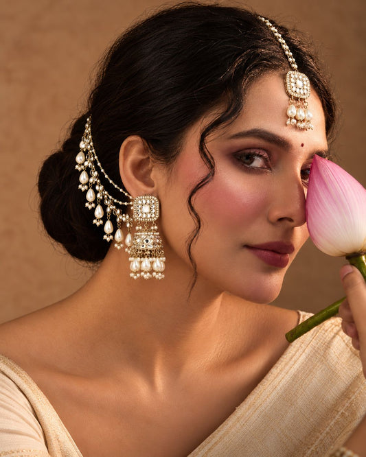Pearl Aayat Bahubali Jhumka with Statement Kaan Chain and Teeka