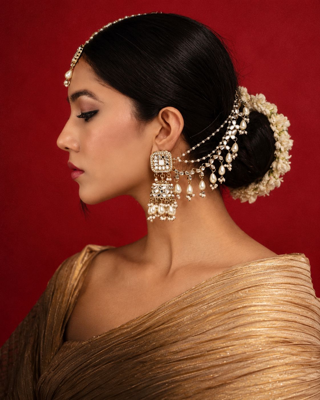 Pearl Aayat Bahubali Jhumka with Statement Kaan Chain and Teeka