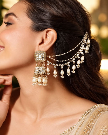 Pearl Aayat Bahubali Jhumka with Statement Kaan Chain and Teeka