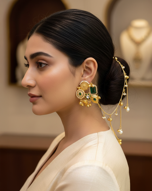 Emerald Yuvika Bahubali Earring with Kaan Chain