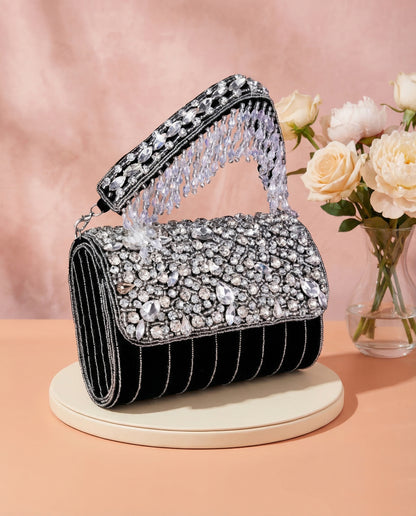 Black Clementine Rhinestone Flap Clutch