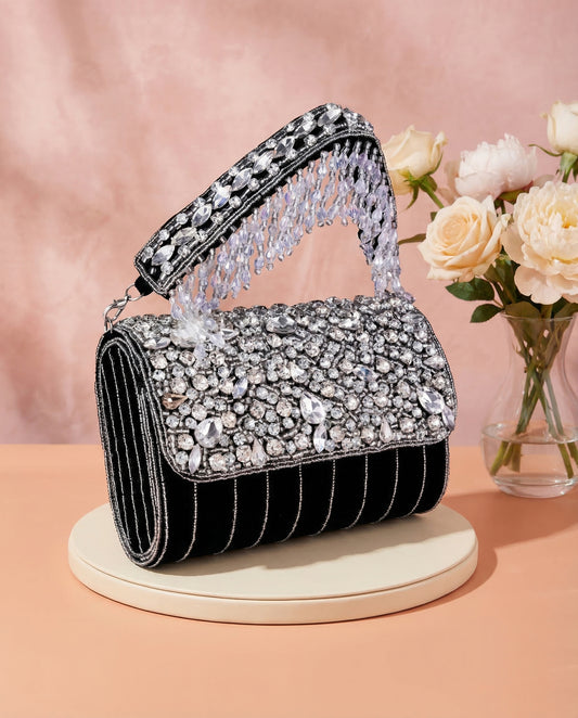 Black Clementine Rhinestone Flap Clutch
