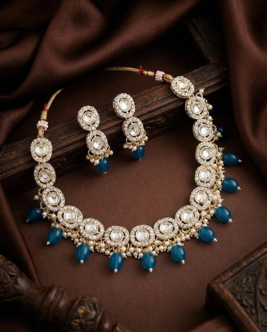 Teal Blue Fareed Kundan Zircone Necklace With Earring