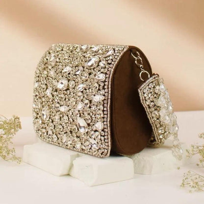 Brown Maria Rhinestone Flap Clutch