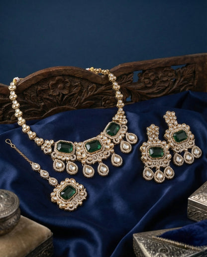 Emerald Harshika Premium Zircone Polki Dupe Necklace Set