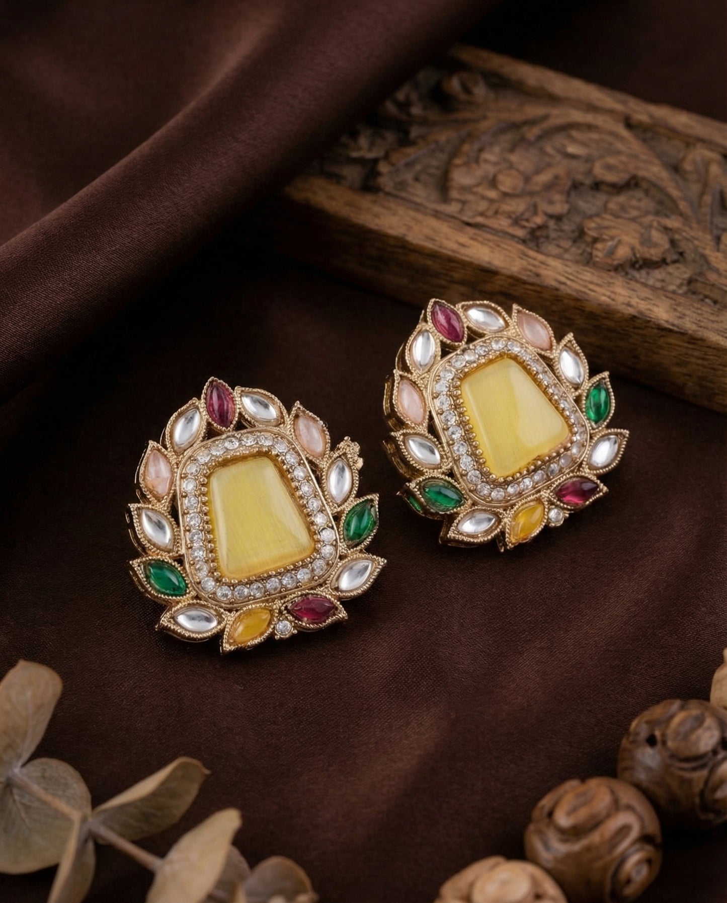 Yellow Multi Amosie Premium Kundan Stud Earrings