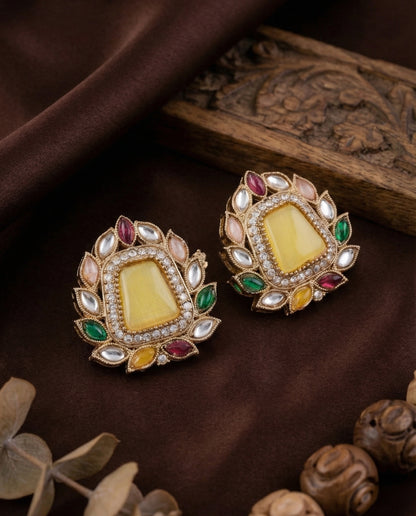 Yellow Multi Amosie Premium Kundan Stud Earrings