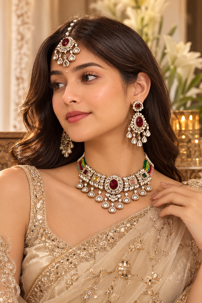 Multi Anika Premium Polki Dupe Necklace with Earring and Mangteeka