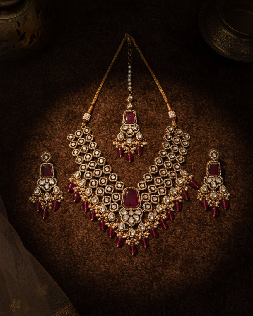 Ruby Arizona Premium Monalisa Layered Necklace Set with Earring and Teeka