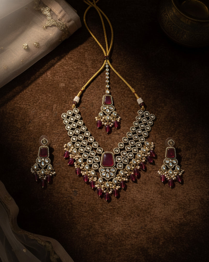 Ruby Arizona Premium Monalisa Layered Necklace Set with Earring and Teeka