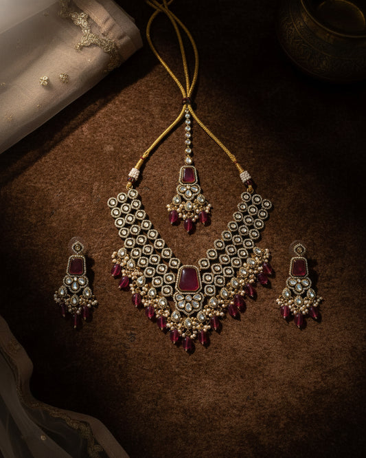 Ruby Arizona Premium Monalisa Layered Necklace Set with Earring and Teeka