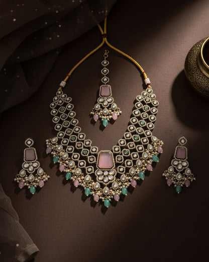 Mint Pink Pastel Arizona Premium Monalisa Layered Necklace Set with Earring and Teeka