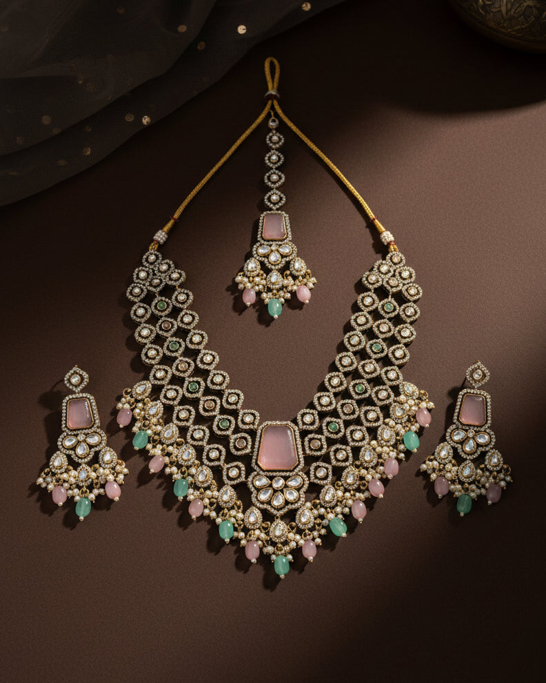 Mint Pink Pastel Arizona Premium Monalisa Layered Necklace Set with Earring and Teeka