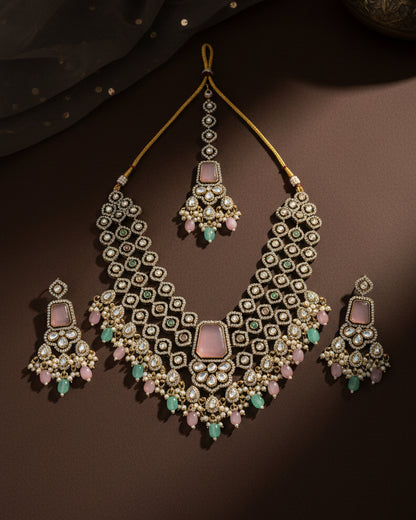 Mint Pink Pastel Arizona Premium Monalisa Layered Necklace Set with Earring and Teeka