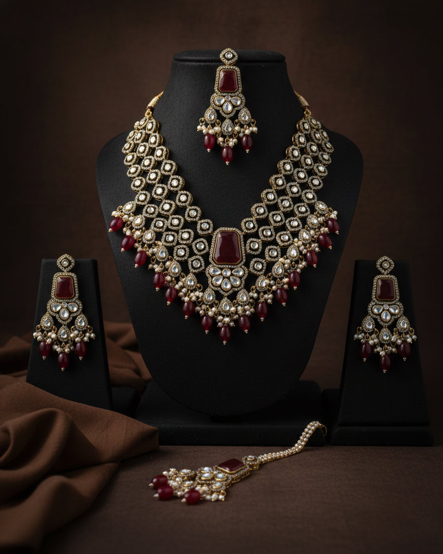 Dark Red Arizona Premium Monalisa Layered Necklace Set with Earring and Teeka