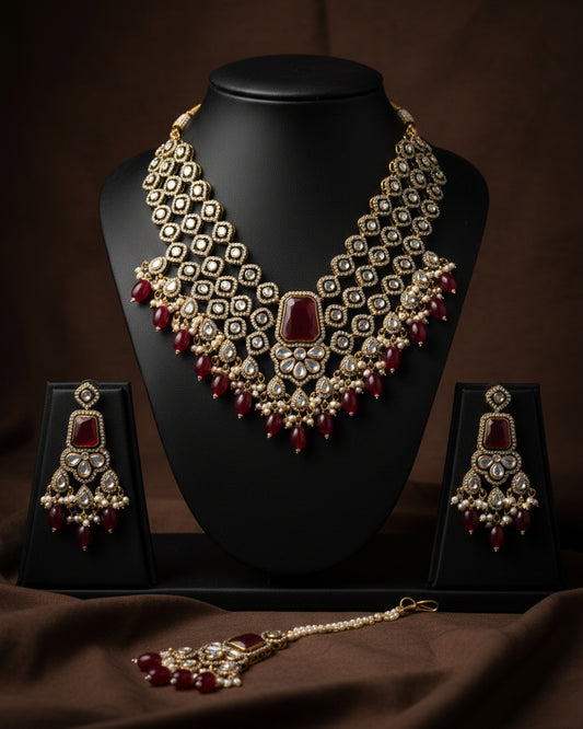 Dark Red Arizona Premium Monalisa Layered Necklace Set with Earring and Teeka