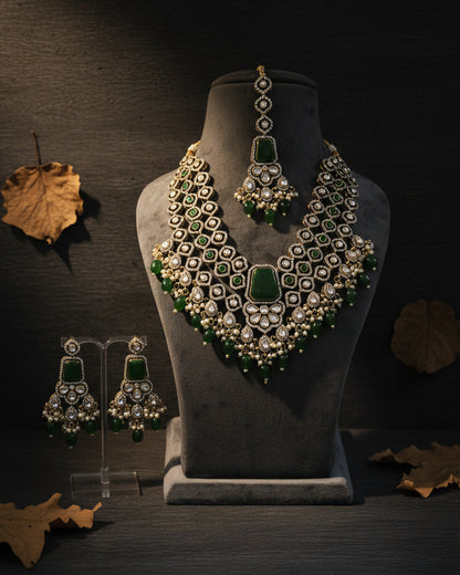 Emerald Arizona Premium Monalisa Layered Necklace Set with Earring and Teeka