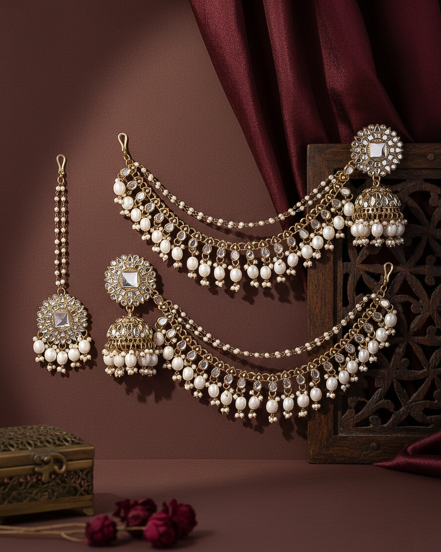 Pearl Avreet Mirror Bahubali Jhumka with Statement Kaan Chain and Teeka