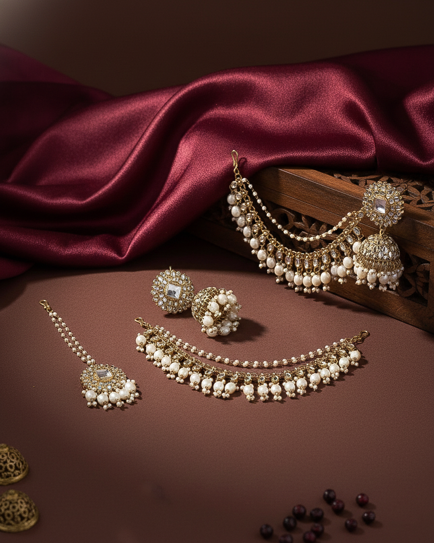 Pearl Avreet Mirror Bahubali Jhumka with Statement Kaan Chain and Teeka