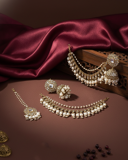 Pearl Avreet Mirror Bahubali Jhumka with Statement Kaan Chain and Teeka