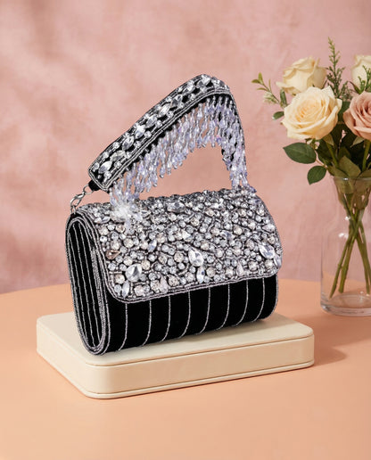 Black Clementine Rhinestone Flap Clutch
