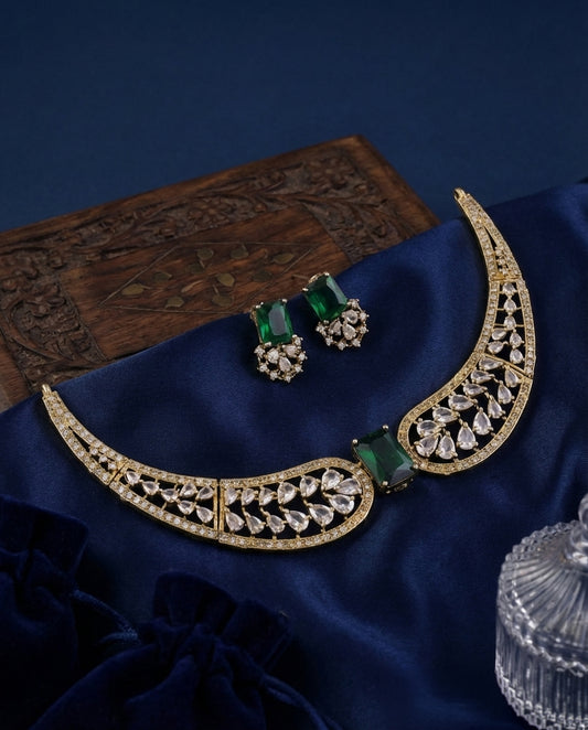 Green Nuha Designer Indo Western Necklace With Earrings