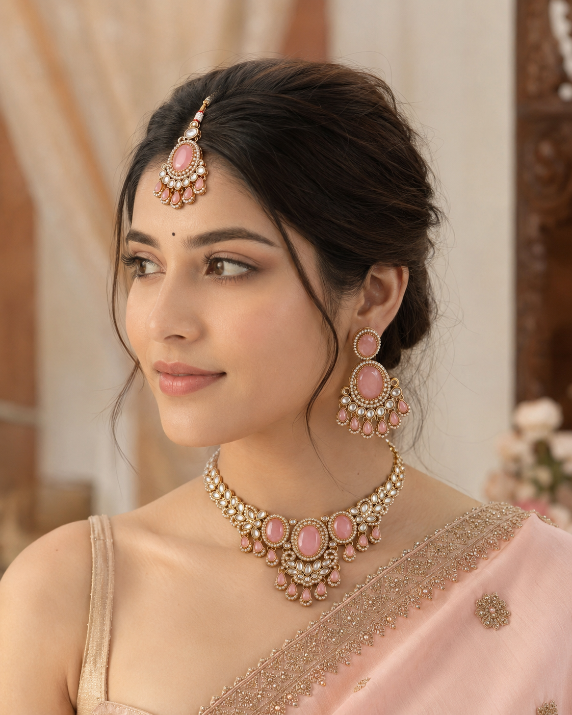Blush Yuvrani Premium Polki Dupe Necklace with Earring and Mangteeka