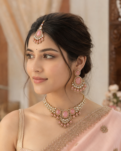 Blush Yuvrani Premium Polki Dupe Necklace with Earring and Mangteeka