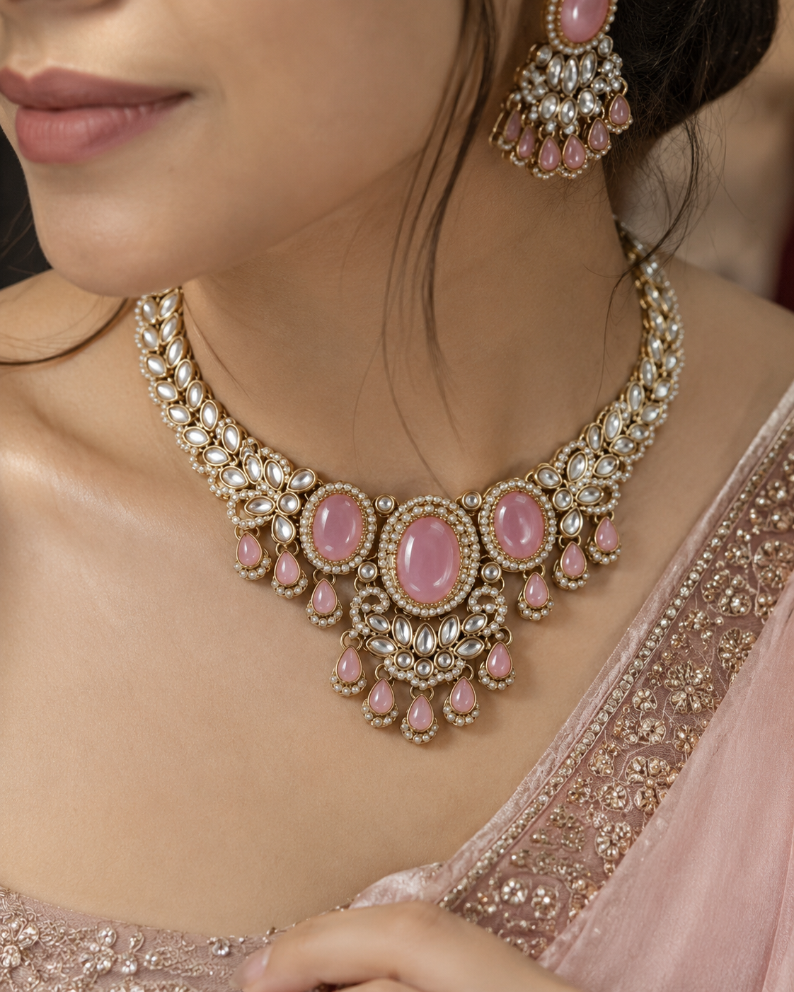 Blush Yuvrani Premium Polki Dupe Necklace with Earring and Mangteeka