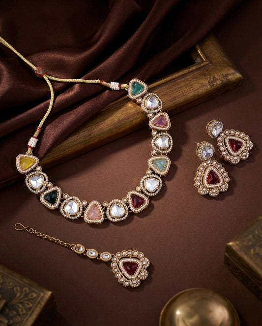 Paragi Premium Polki Dupe Necklace with Earring and Mangteeka