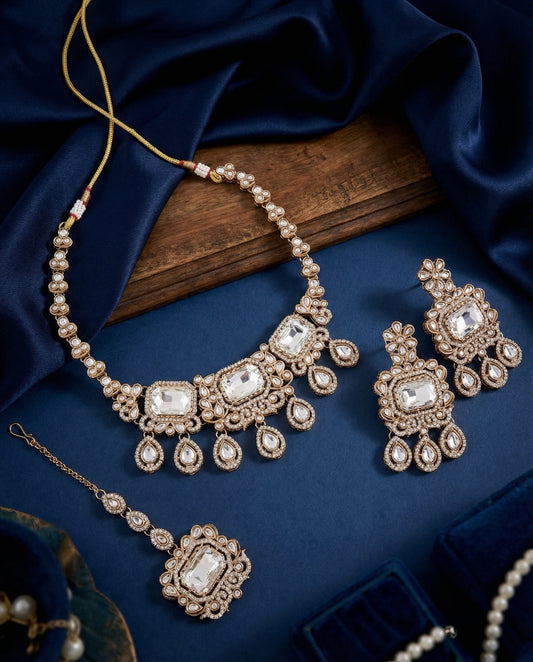 Silver Harshika Premium Zircone Polki Dupe Necklace Set