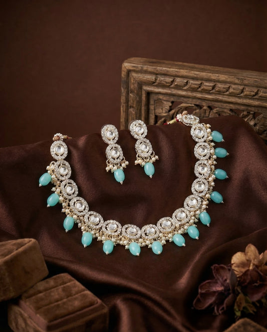 Turquoise Fareed Kundan Zircone Necklace With Earring