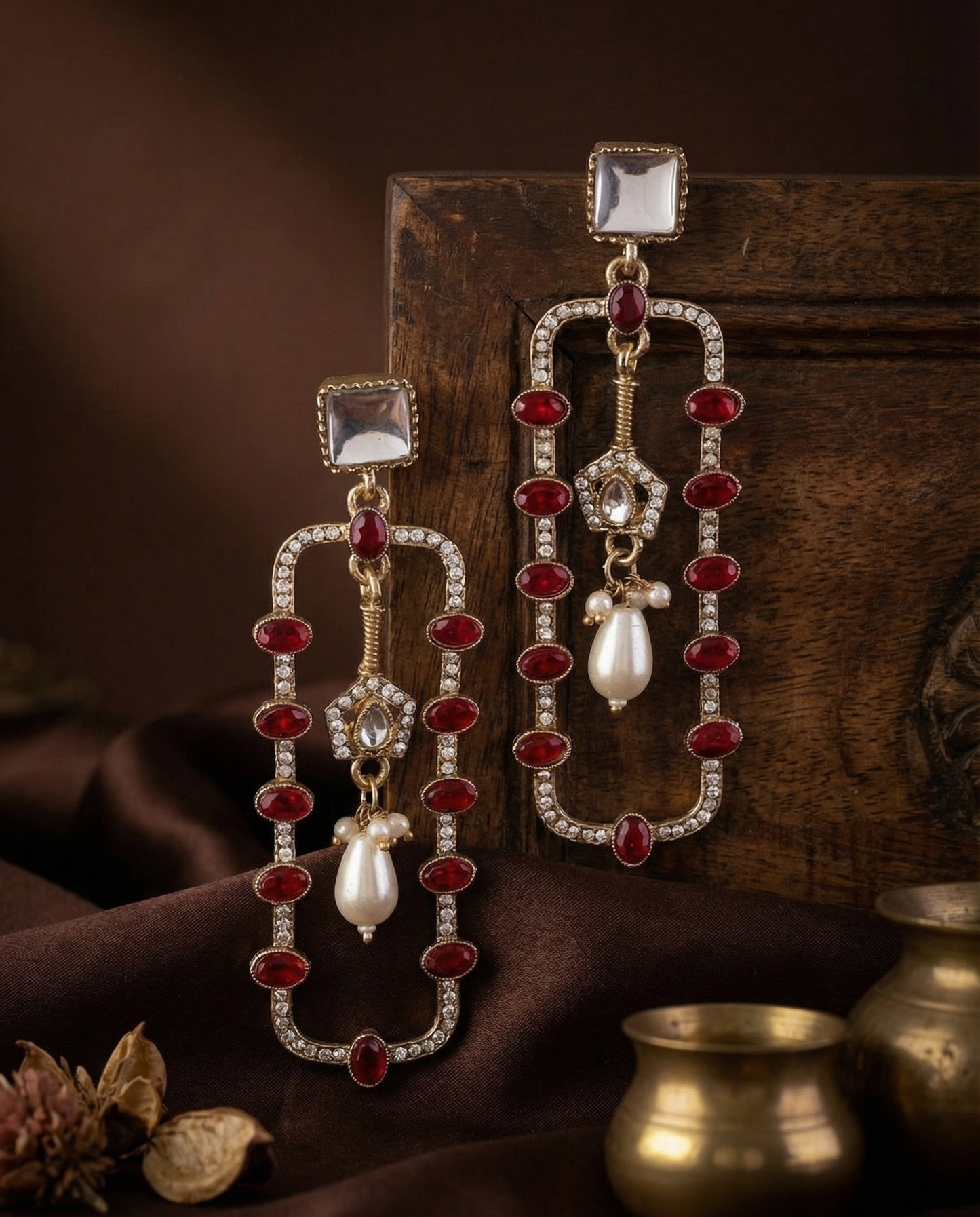 Red Tenille Premium Designer Zircone Kundan Earring