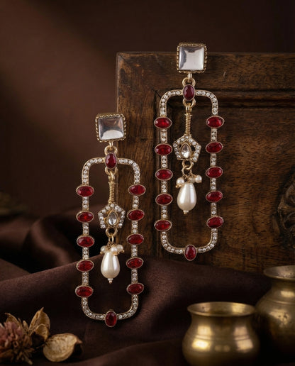 Red Tenille Premium Designer Zircone Kundan Earring
