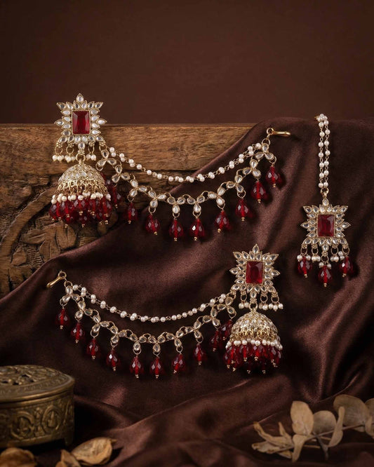 Maroon Kaur Mirror Bahubali Jhumka with Statement Kaan Chain and Teeka