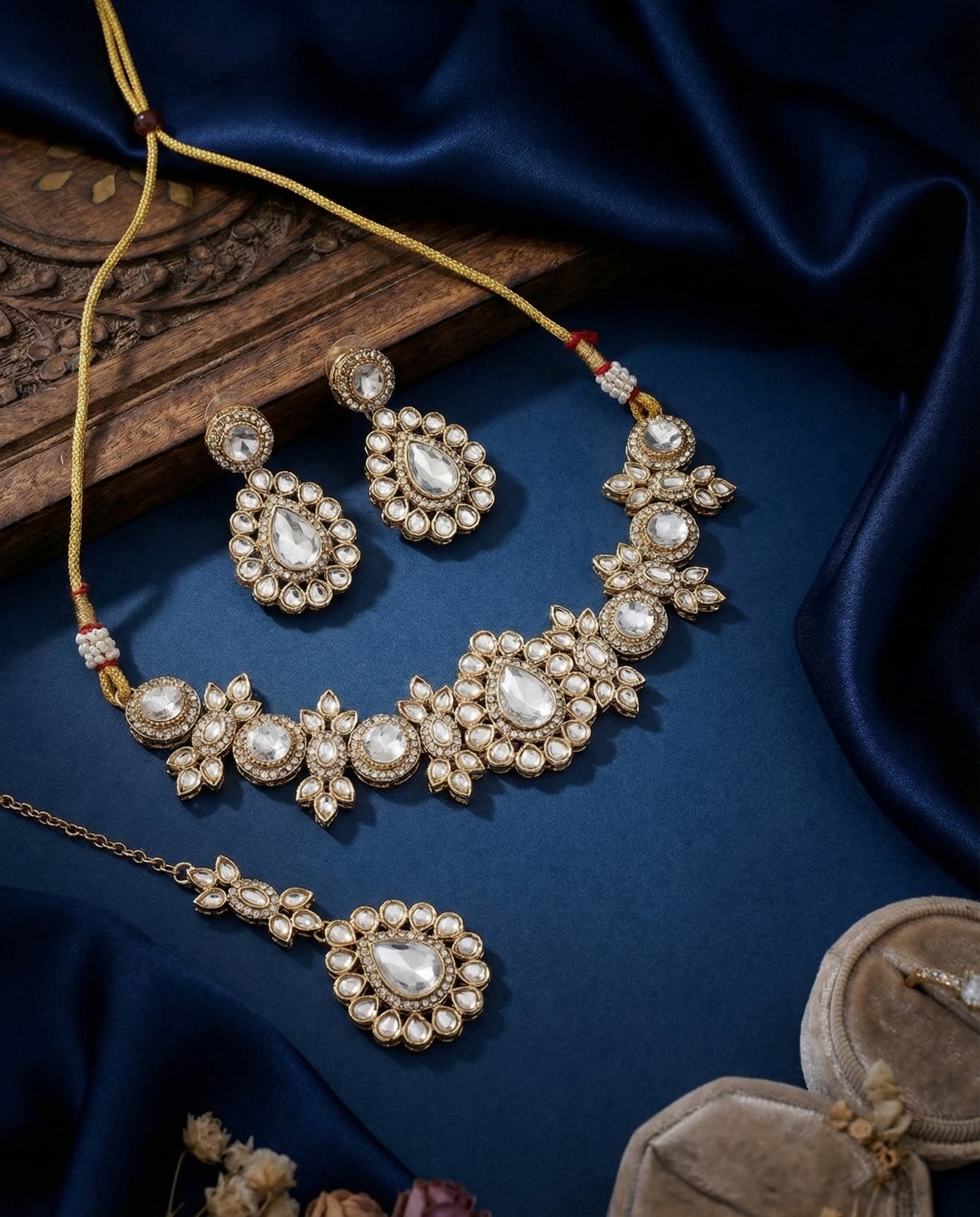 Silver Sierra Kundan Choker Necklace Set With Earring & Teeka