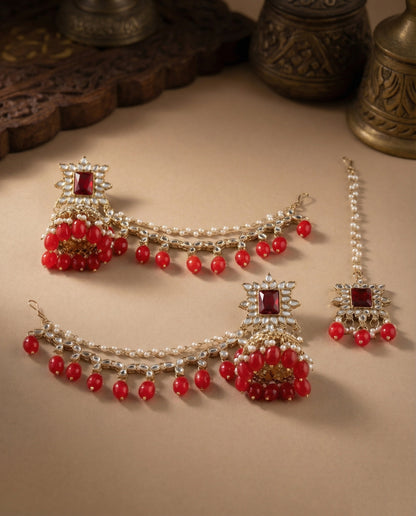 Red Kaur Mirror Bahubali Jhumka with Statement Kaan Chain and Teeka