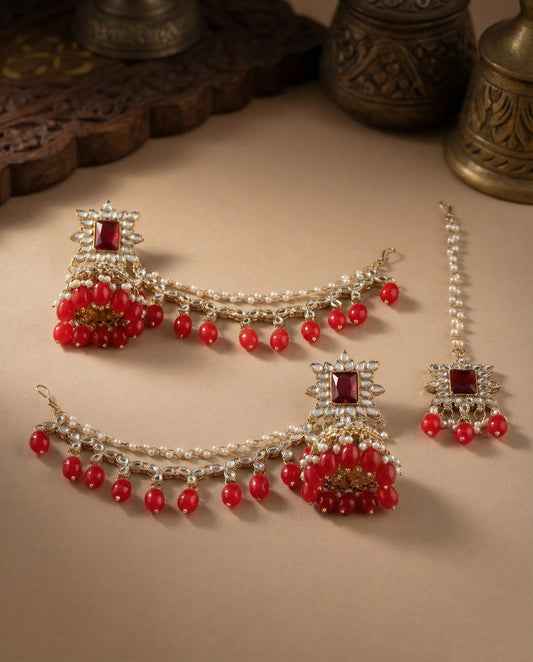 Red Kaur Mirror Bahubali Jhumka with Statement Kaan Chain and Teeka