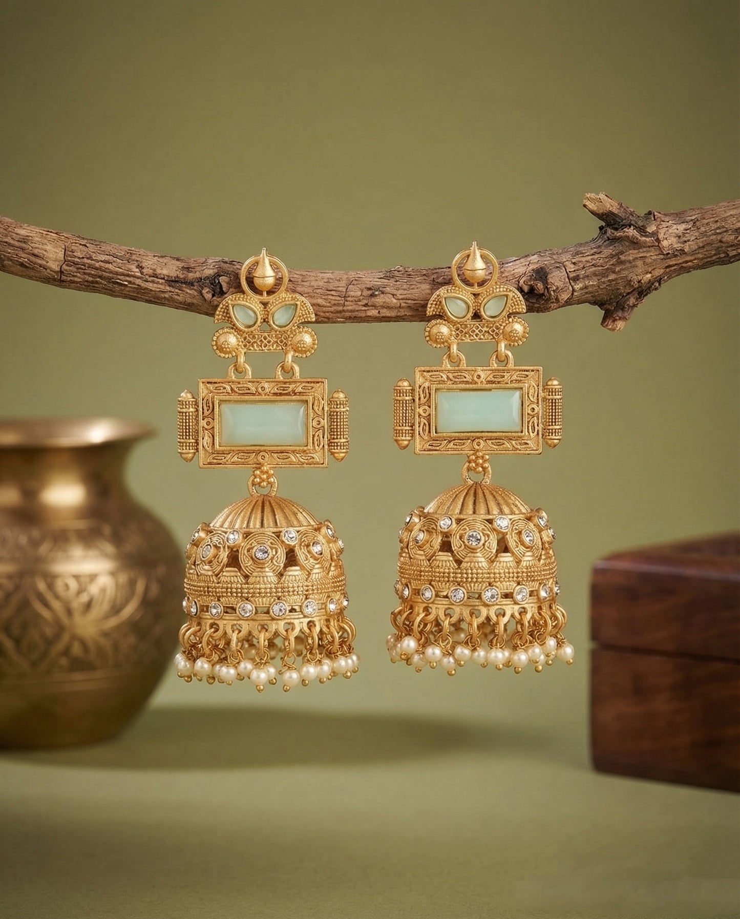 Mint Green Mrighosh Premium Kashmiri Brass Lookalike Jhumka Earring
