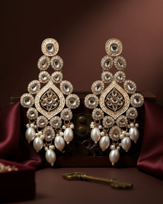 Pearl Pashmeena Designer Kundan Meena Earring