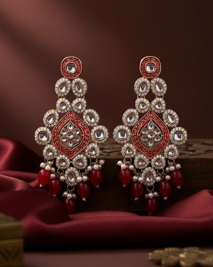 Red Pashmeena Designer Kundan Meena Earring