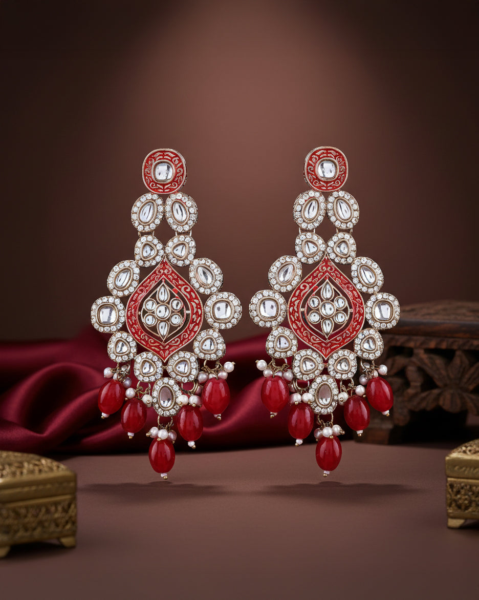 Red Pashmeena Designer Kundan Meena Earring