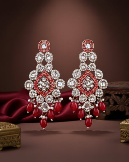 Red Pashmeena Designer Kundan Meena Earring