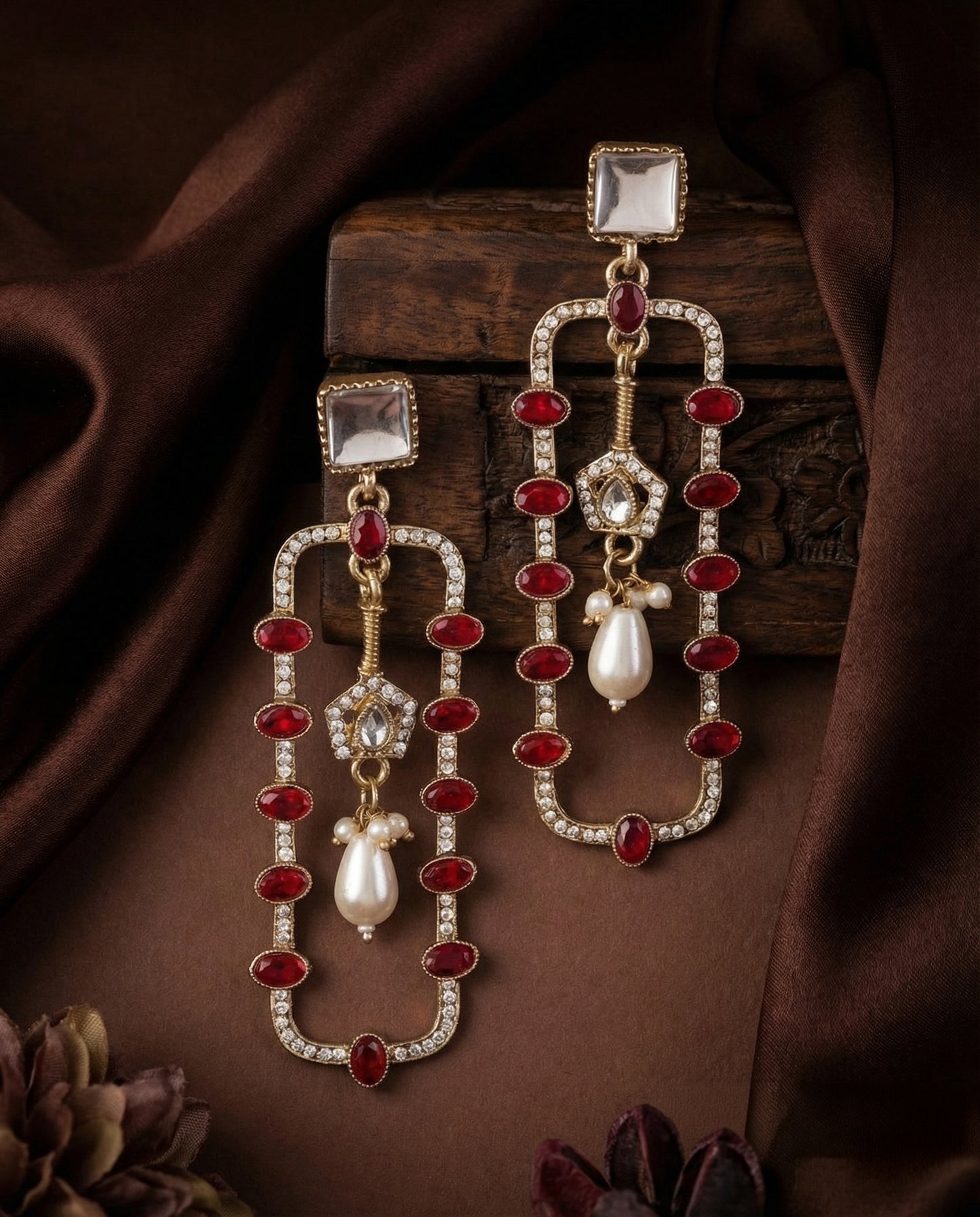 Red Tenille Premium Designer Zircone Kundan Earring