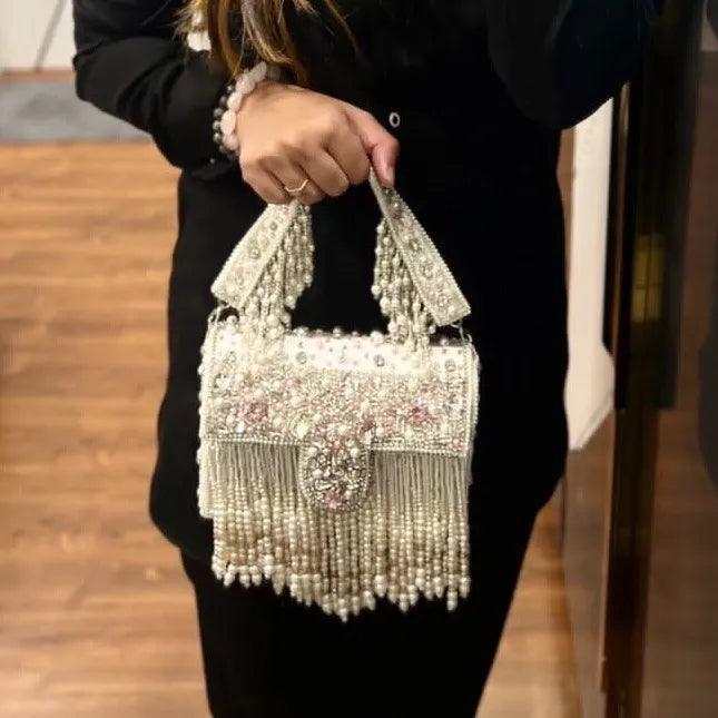 Ivory Charlie Rhinestone Pearl String Flap Clutch