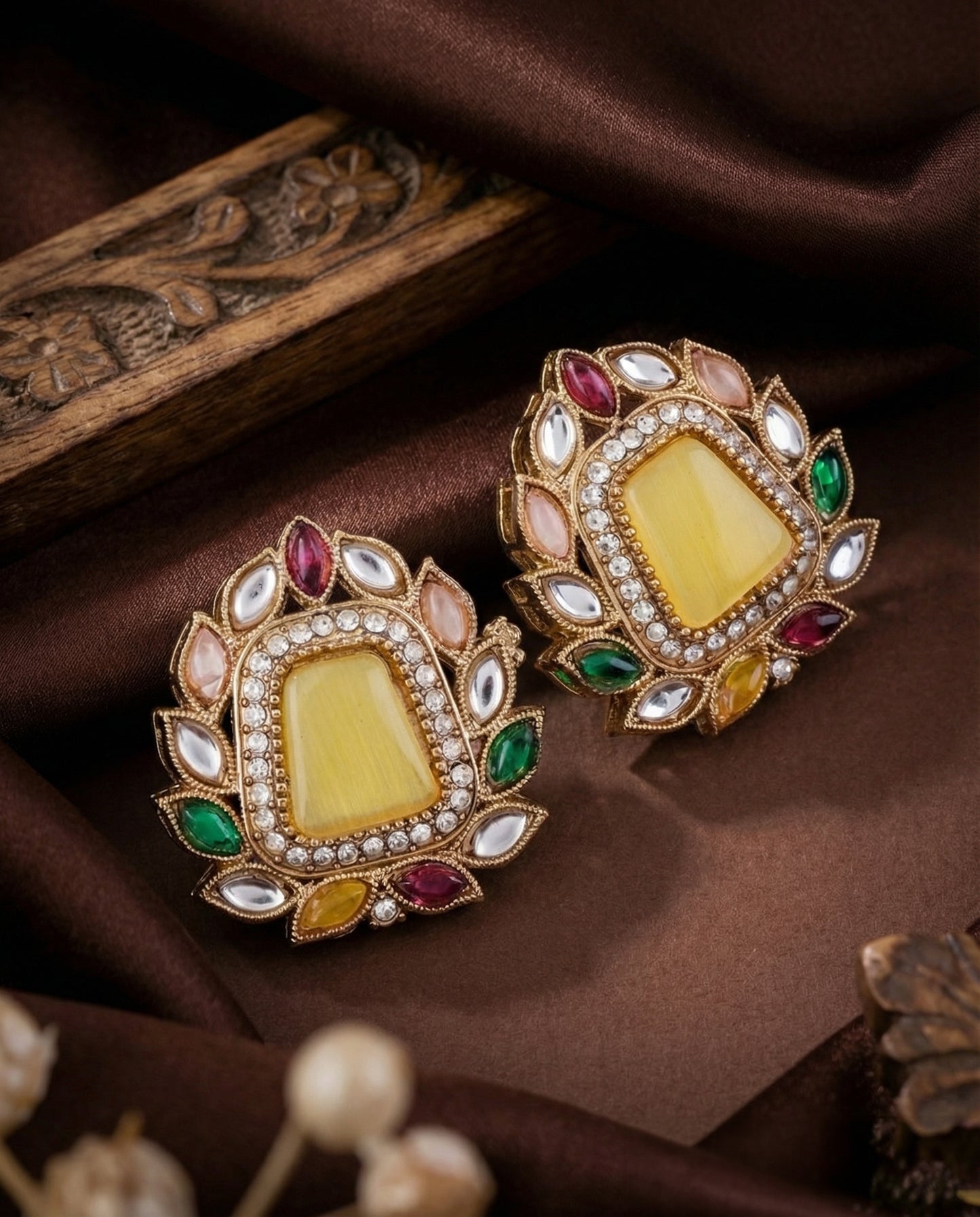 Yellow Multi Amosie Premium Kundan Stud Earrings