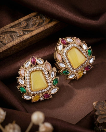 Yellow Multi Amosie Premium Kundan Stud Earrings