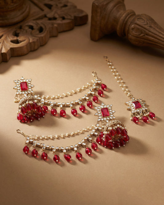 Pink Kaur Mirror Bahubali Jhumka with Statement Kaan Chain and Teeka