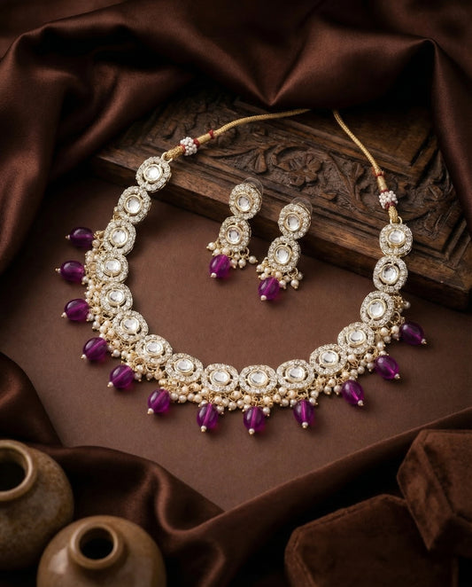 Purple Fareed Kundan Zircone Necklace With Earring