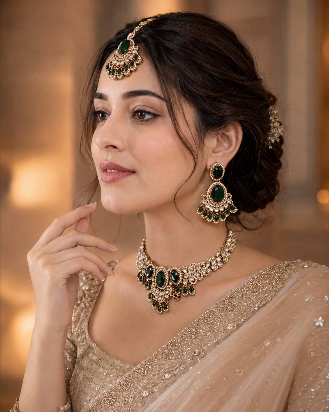 Emerald Yuvrani Premium Polki Dupe Necklace with Earring and Mangteeka